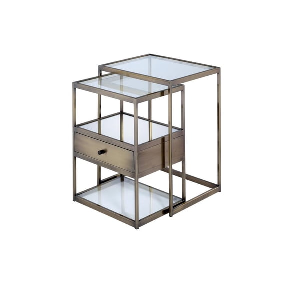 ACME Enca 2 Pieces Nesting Table in Clear Glass and Antique Brass