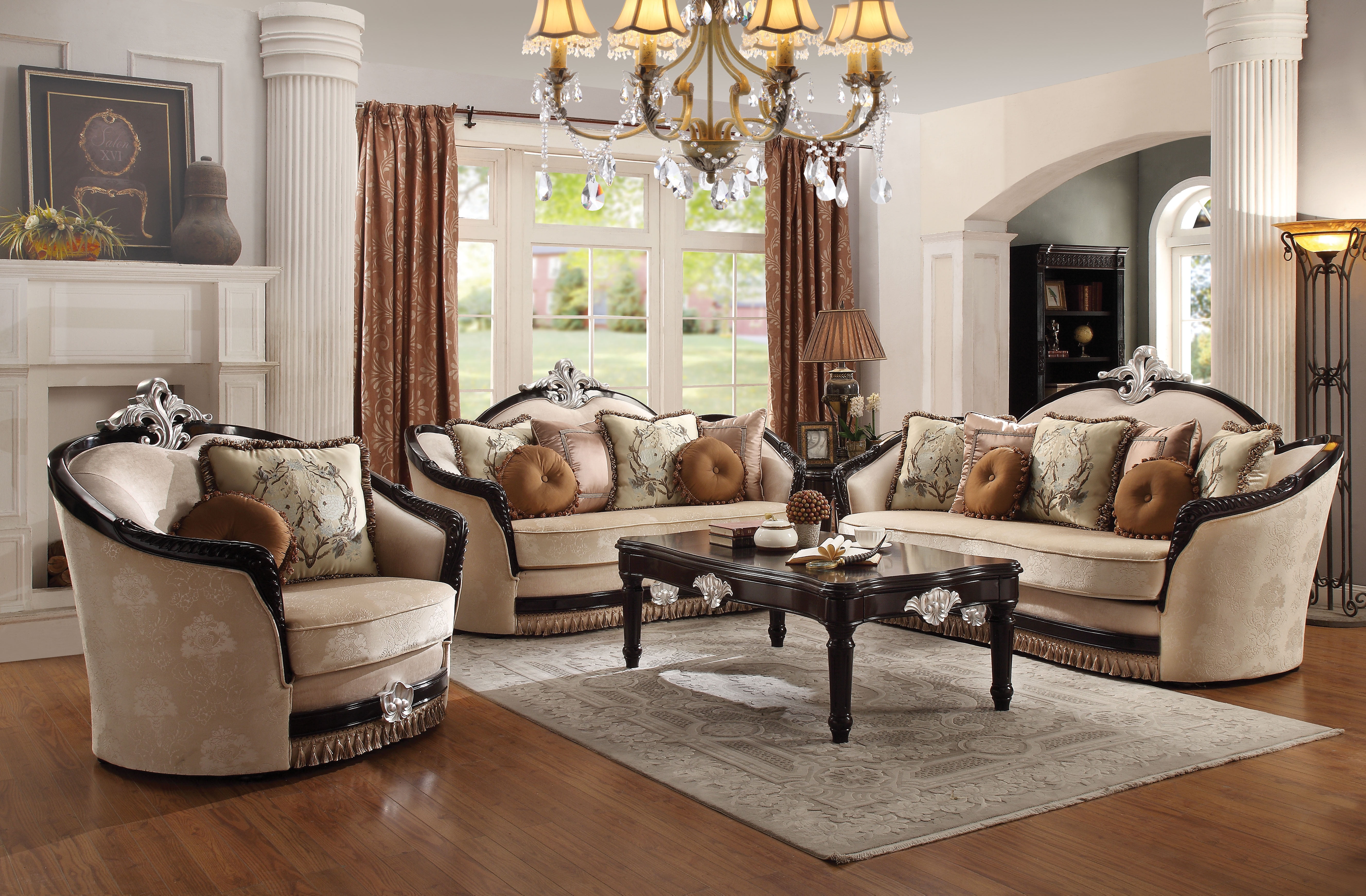 ACME Nayla Marble Rectangular Coffee Table with Floral Legs