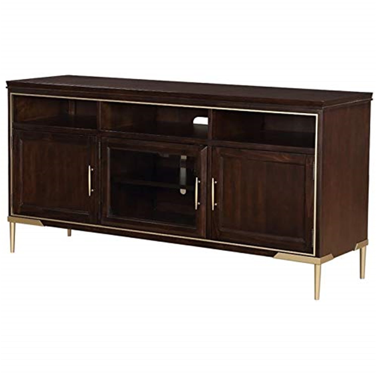 Eschenbach Cherry Finish 66'' TV Stand with Gold Trim and Tapered Legs
