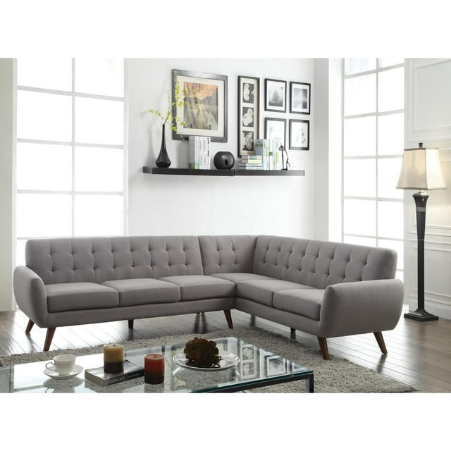 ACME Essick Mid Century L-Shaped Sectional Sofa in Light Gray Linen