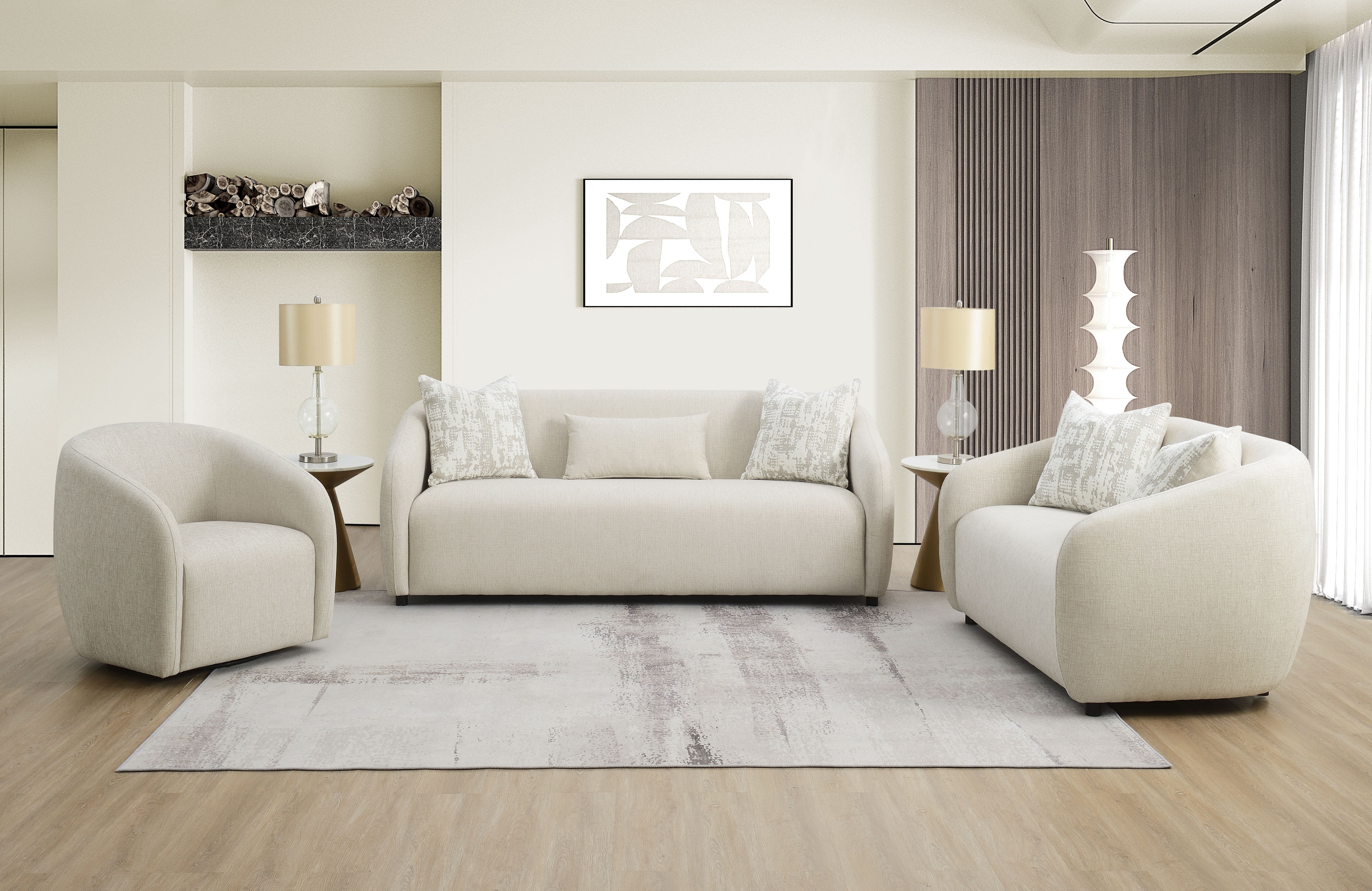 Beige Linen Tufted Loveseat with Three Accent Pillows