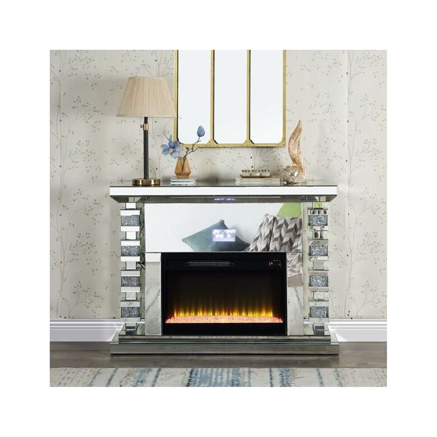 Noralie Mirrored Electric Fireplace with Faux Diamonds and Bluetooth