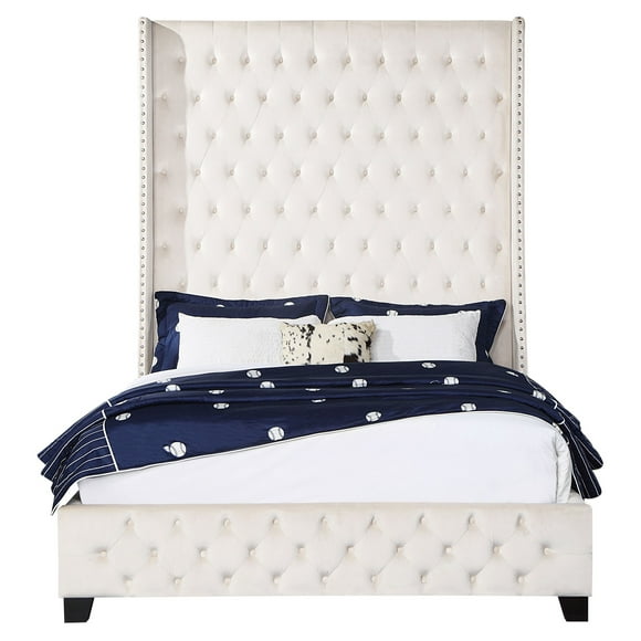 ACME Fabrice Tufted Velvet Eastern King Bed with Nailhead Trim in Beige