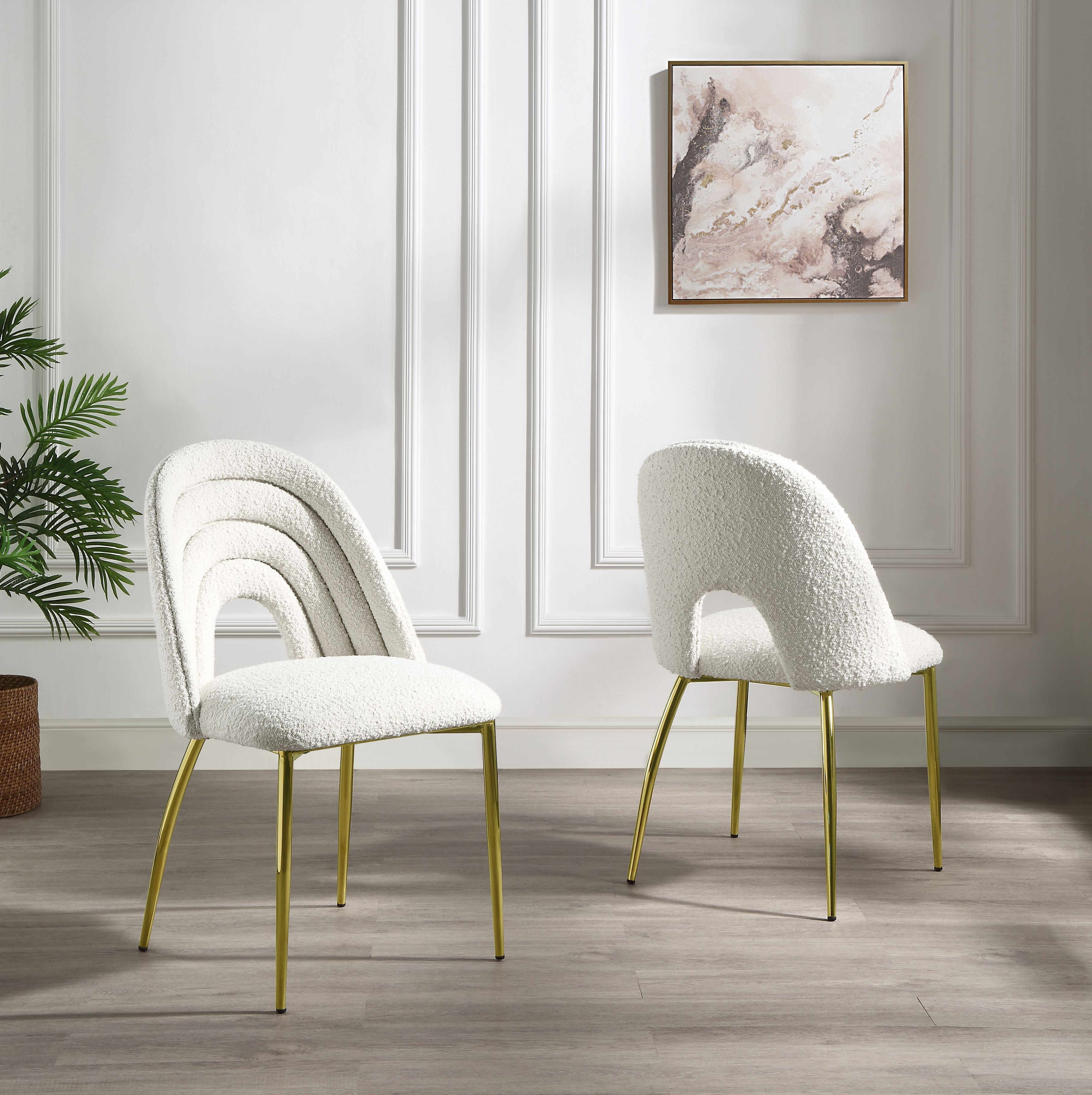 White Upholstered Side Chair with Gold Metal Legs, Set of 2
