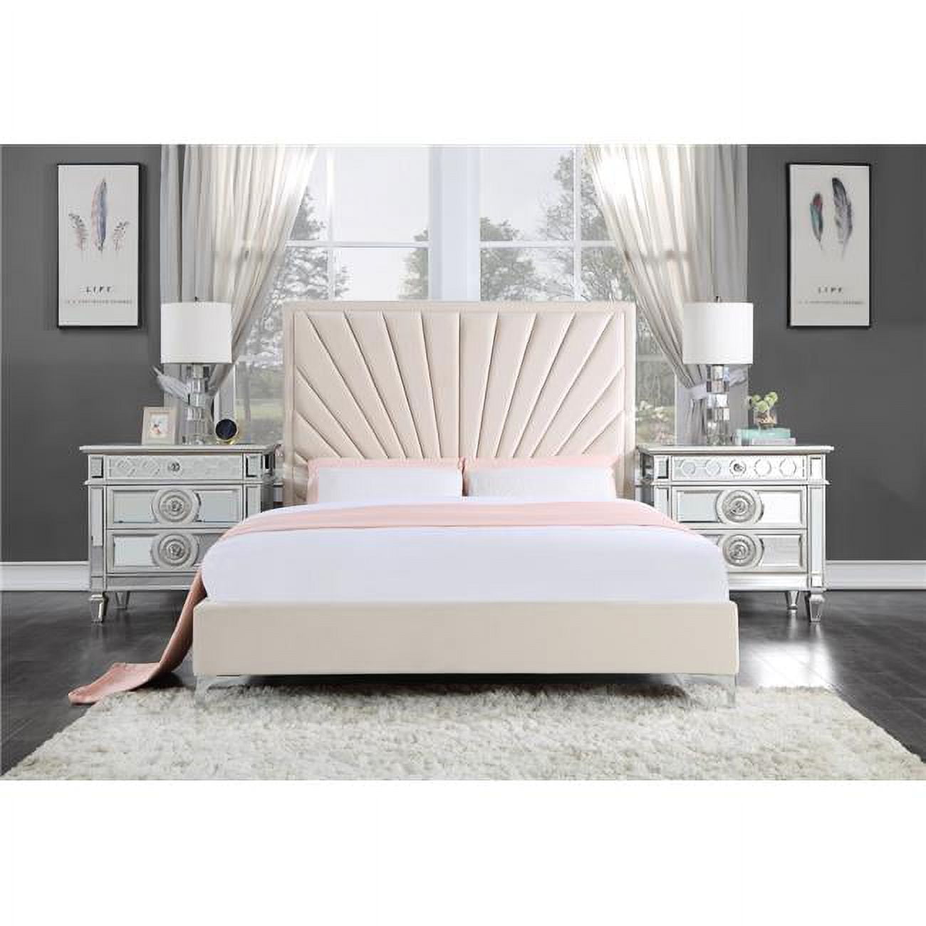 Beige Velvet Queen Bed with Tufted Headboard and Metal Feet