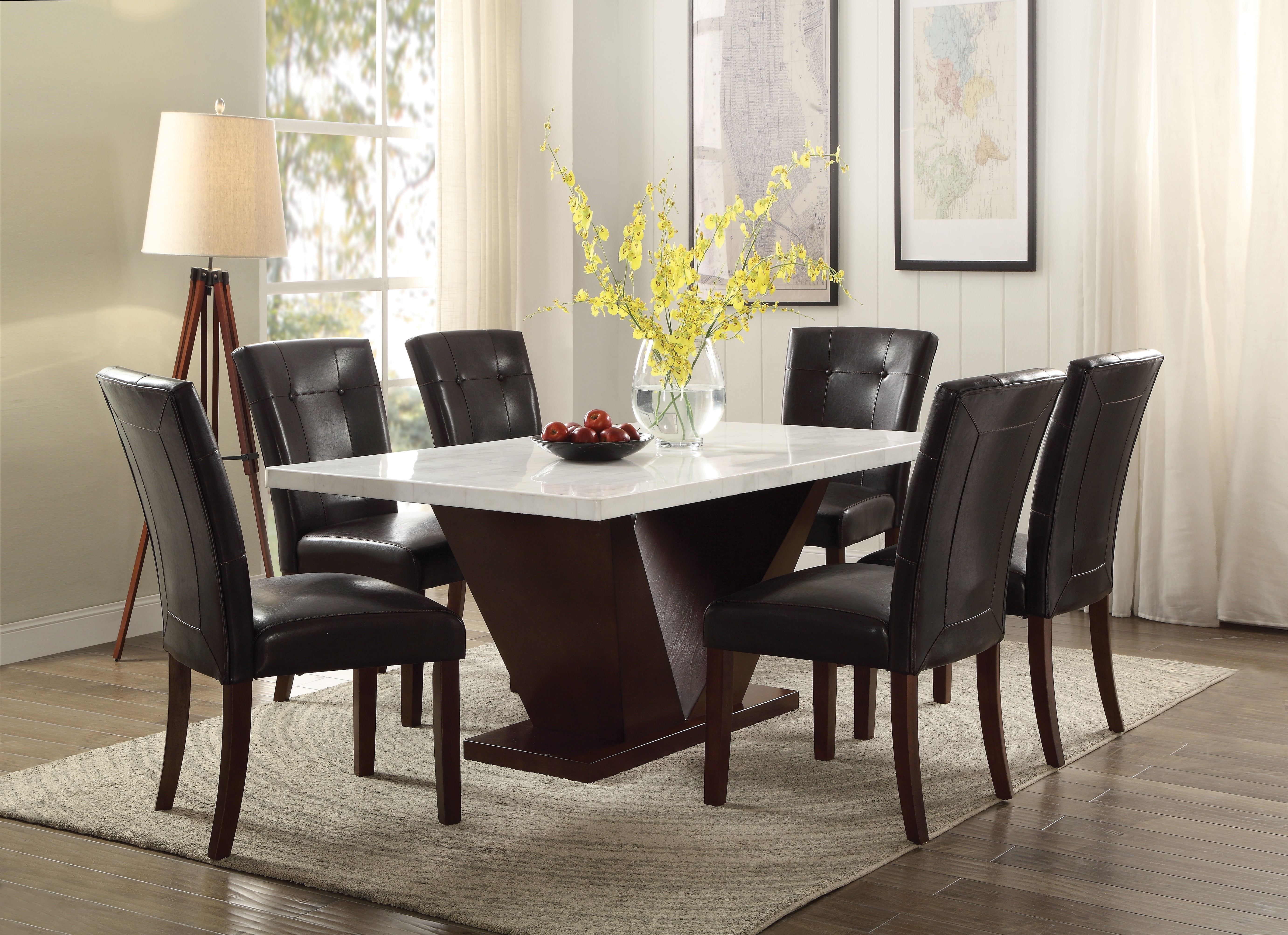 Contemporary Forbes 62" White Marble & Walnut Dining Table