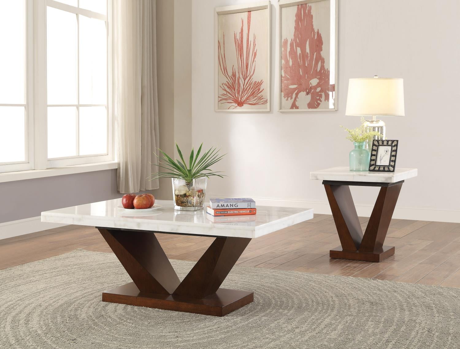 ACME Forbes Marble Top Coffee Table with VShaped Base in White and