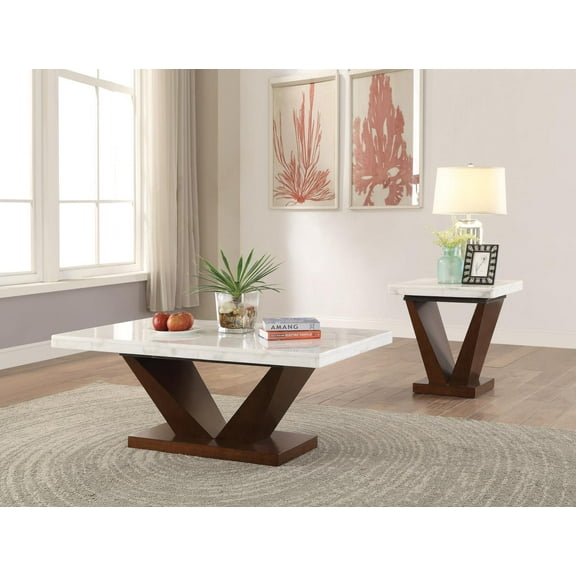 ACME Forbes Marble Top Coffee Table with V-Shaped Base in White and Walnut
