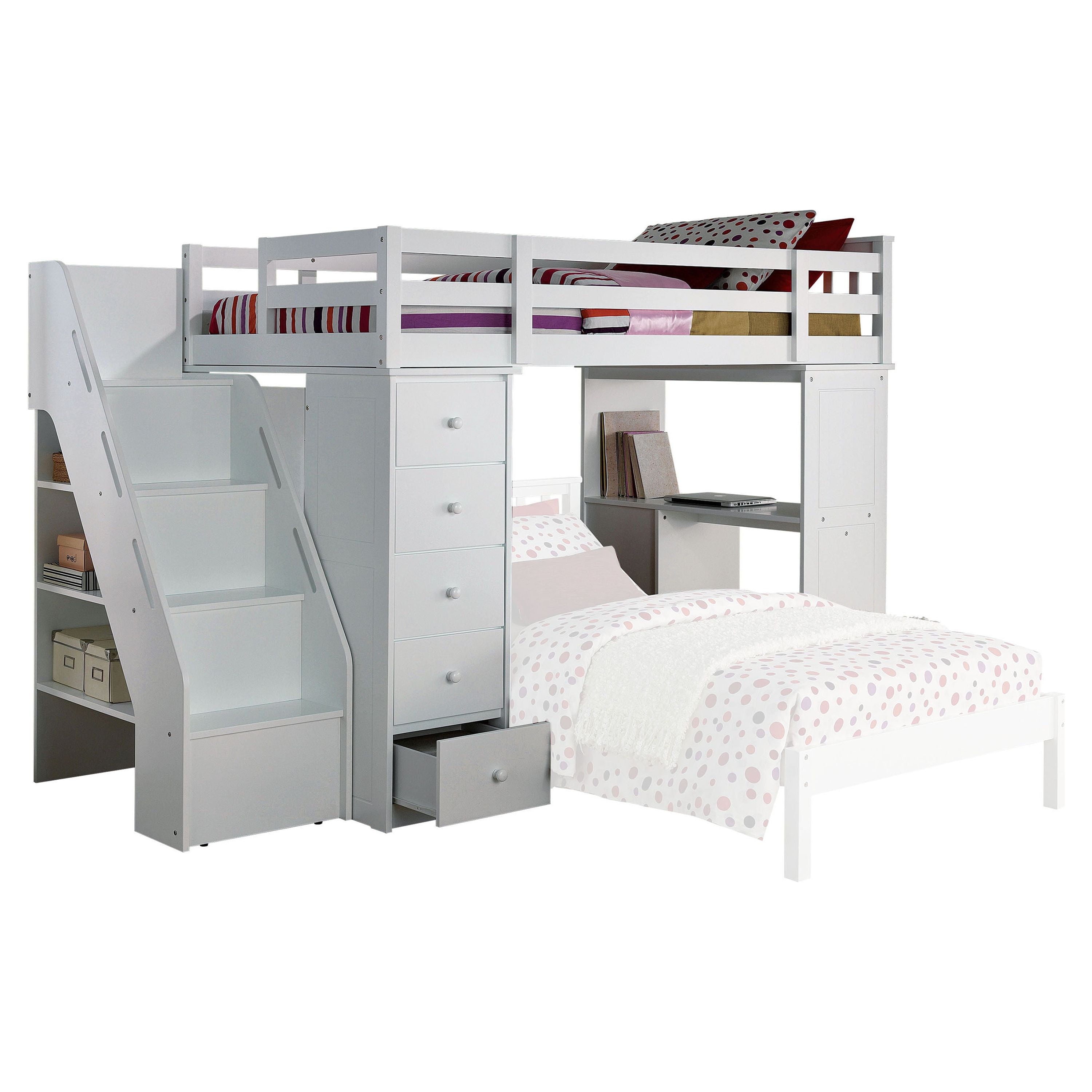 White Twin Loft Bed with Bookcase and Storage Drawers