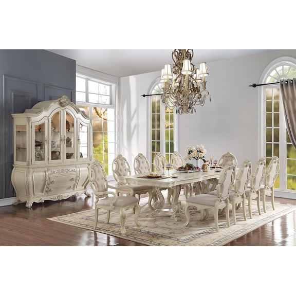 ACME Furniture 11-Piece Formal Dining Table Set with 1 Extendable Table, 8 Side Chairs and 2 Arm Chairs, Antique White Finish, Kitchen Furniture Set for 10