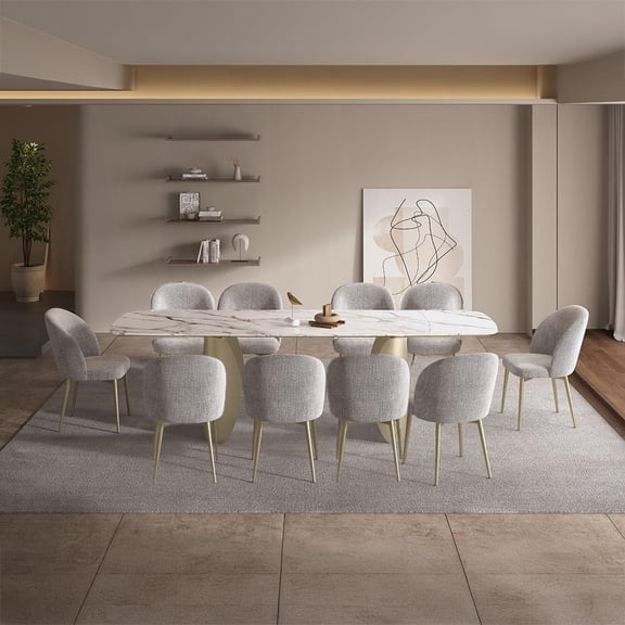 ACME Furniture 11-Piece Modern Dining Table Set for 10, Includes 1 Extendable Rectangular Table with Italian Ceramic Top and 10 Upholstered Chairs, Golden Champagne Finish, Kitchen Furniture Set