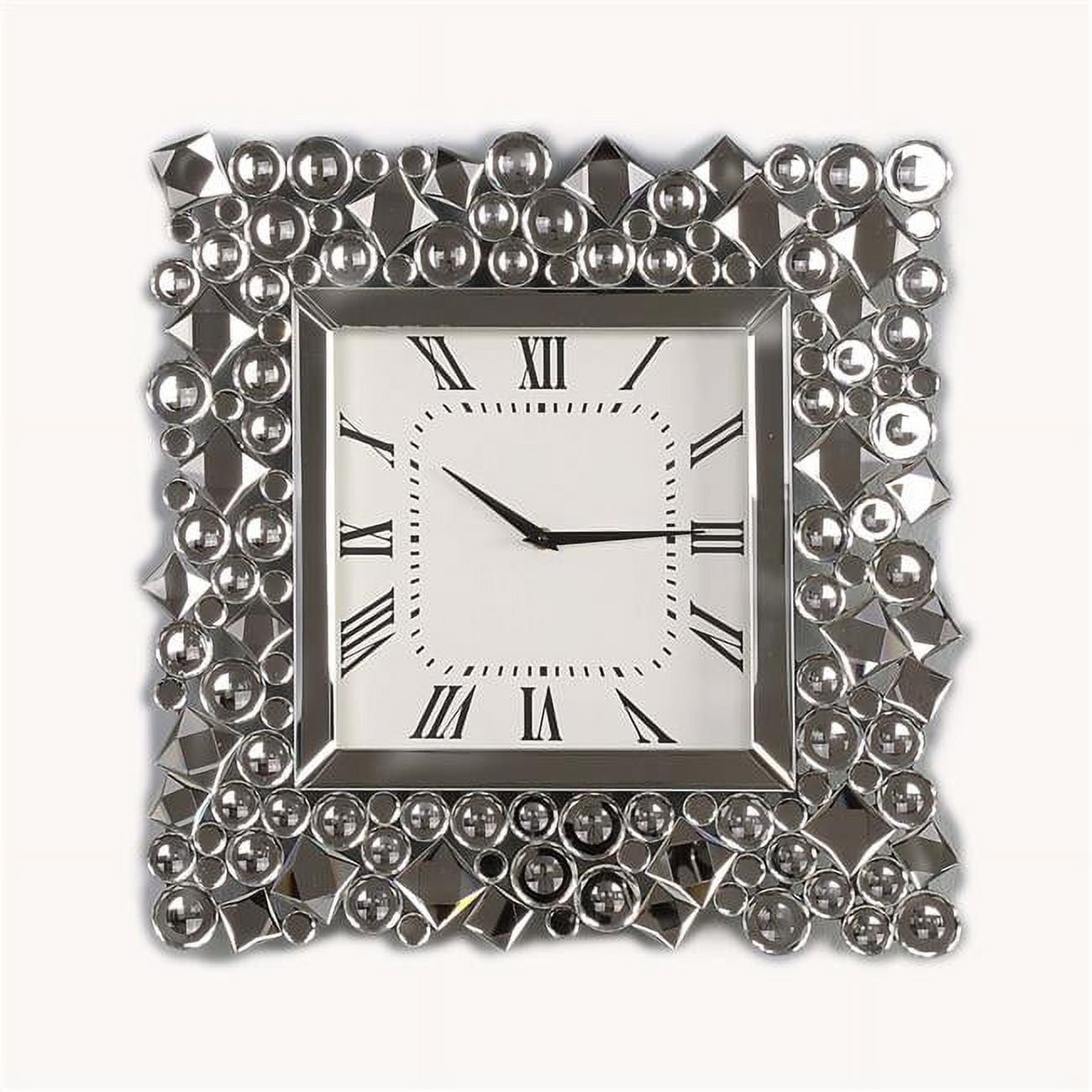 Square Silver Mirrored Wall Clock with Faux Gems