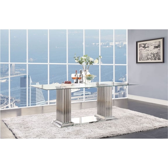 Acme Cyrene Dining Table with Double Pedestal in Stainless Steel and Clear Glass