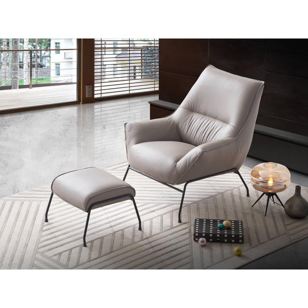 Khaki Top Grain Leather Accent Chair with Ottoman and Metal Legs