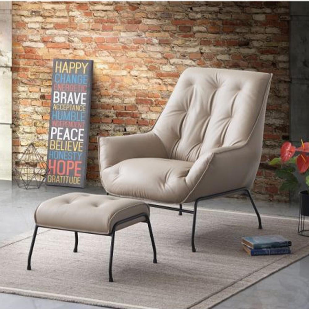 Khaki Top Grain Leather Accent Chair with Metal Frame and Ottoman