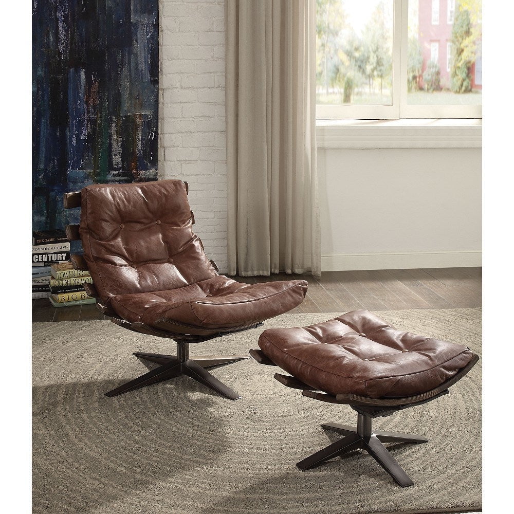 Retro Brown Top Grain Leather Recliner with Ottoman