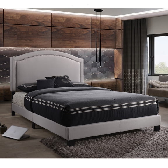 ACME Garresso Upholstered Queen Nail Head Panel Bed, Fog Fabric