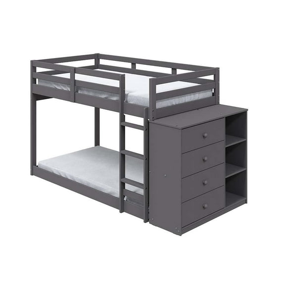 ACME Gaston Twin over Twin Wooden Bunk Bed with Storage Cabinet in Gray