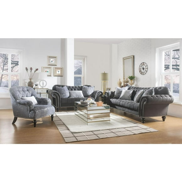 ACME Gaura Velvet Tufted Recessed Arm Chair with Nail-head Trim in Gray