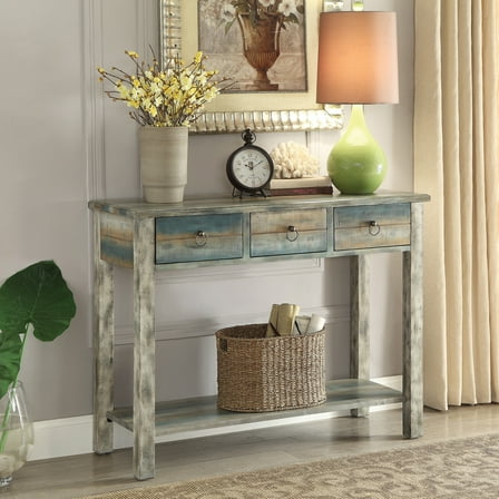 ACME Glancio Rectangular Console Table in Antique Gray and Teal