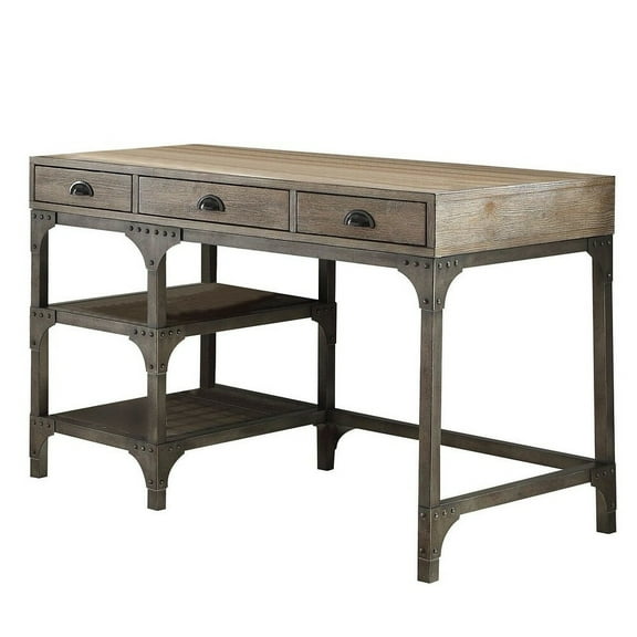 ACME Gorden 3-Drawer Wooden Writing Desk in Weathered Oak and Antique Silver