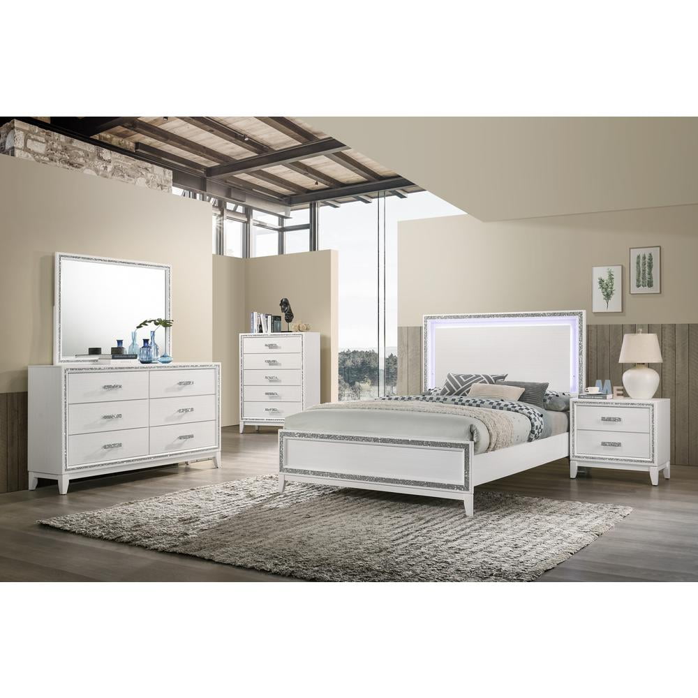 Haiden Glamorous White 2-Drawer Nightstand with Silver Accents