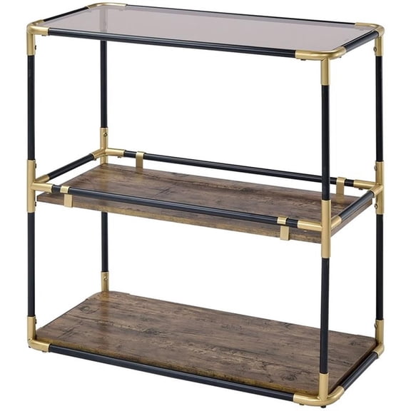 ACME Heleris Glass Top Console Table with Wooden Shelf in Black and Gold