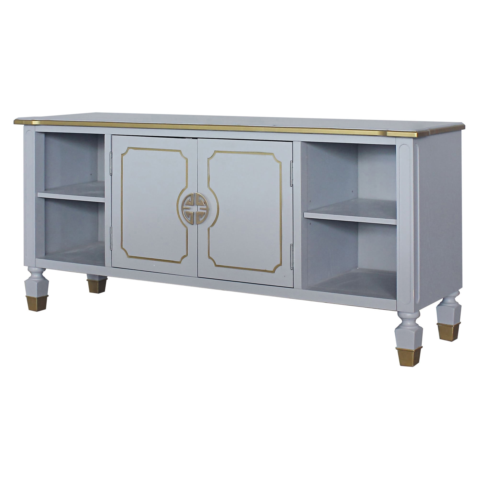 Pearl Gray and Gold Trimmed Wooden TV Stand with Cabinet