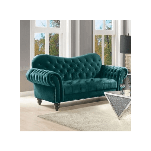 Elegant Blue Velvet Chesterfield Loveseat with Nailhead Trim and Rolled Arms