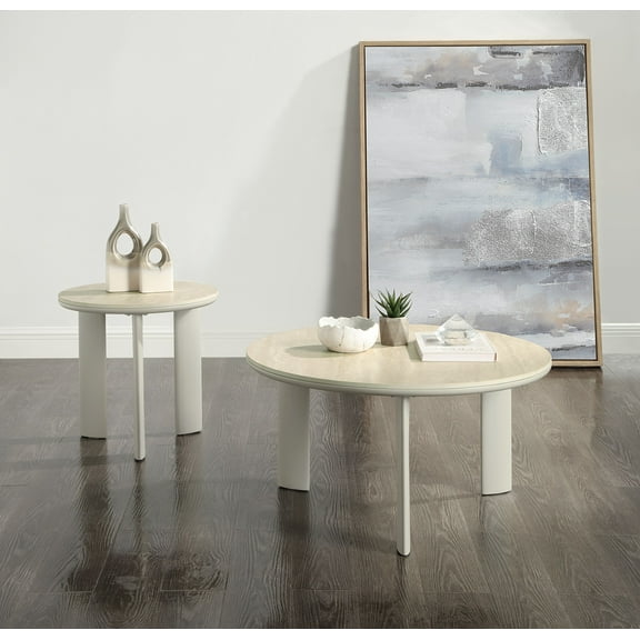 ACME Ingram Metal/Ceramic/Wood Round Coffee Table in Light Gray