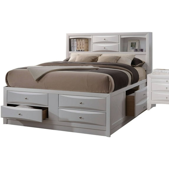 ACME Ireland Full Storage Bed with Brushed Nickel Hardware and Bookcase Headboard, White