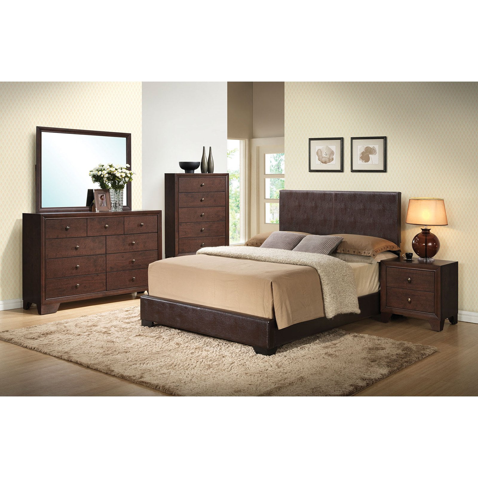 ACME Ireland Queen Panel Bed in Brown Faux leather, Multiple Sizes