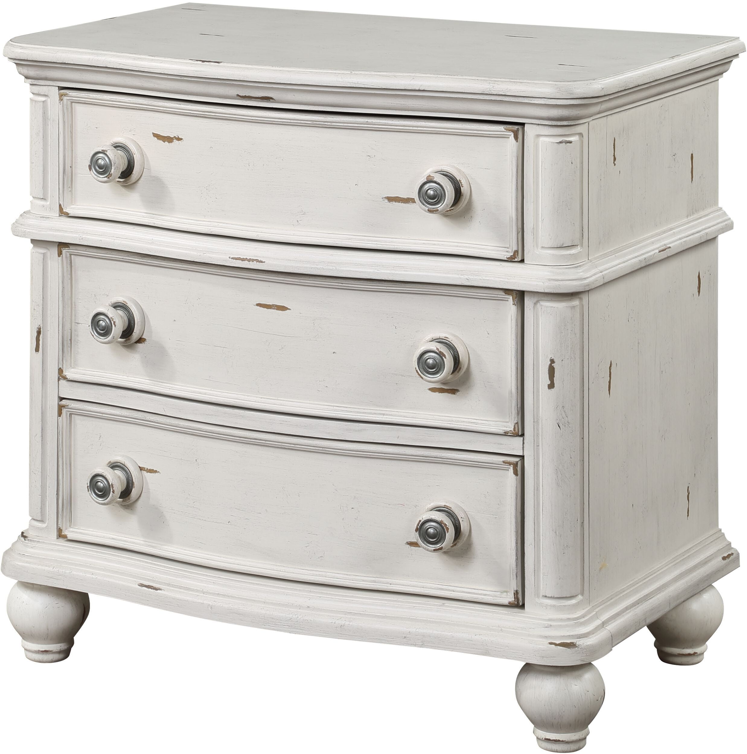 Jaqueline Antique White 3-Drawer Wooden Nightstand