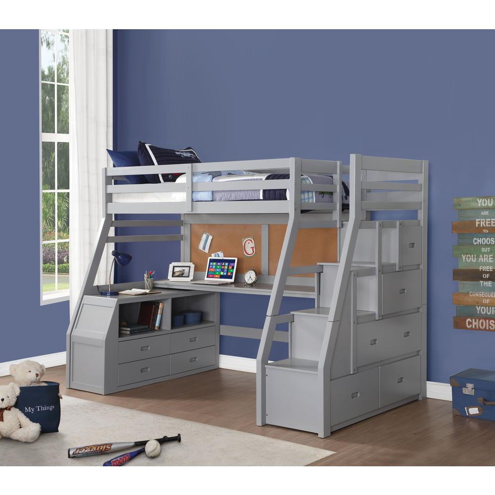 Gray Twin Loft Bed with Storage and Desk