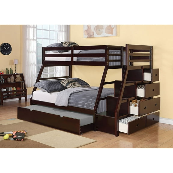 ACME Jason Wooden Twin over Full Storage Bunk Bed with Trundle in Espresso