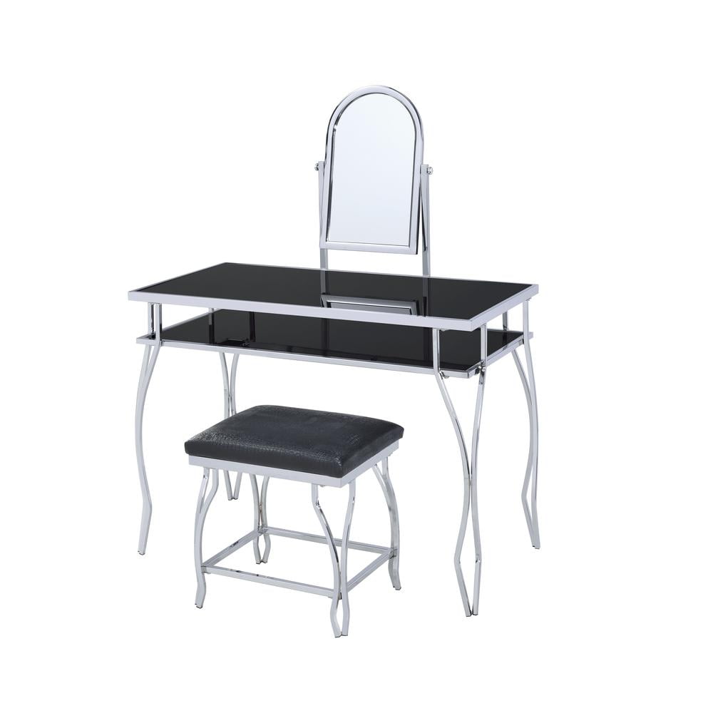 Carenze Chrome & White Faux Fur Vanity Set with Tilt Mirror