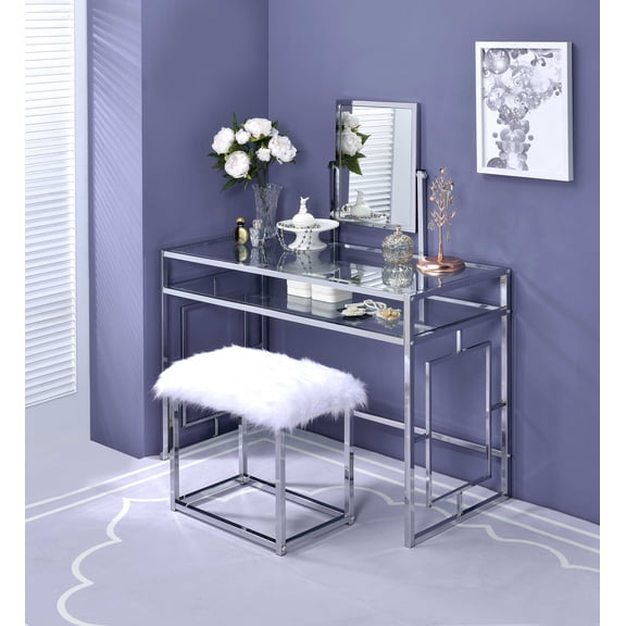 ACME Josh Vanity Table, Mirror, and Stool in White and Chrome