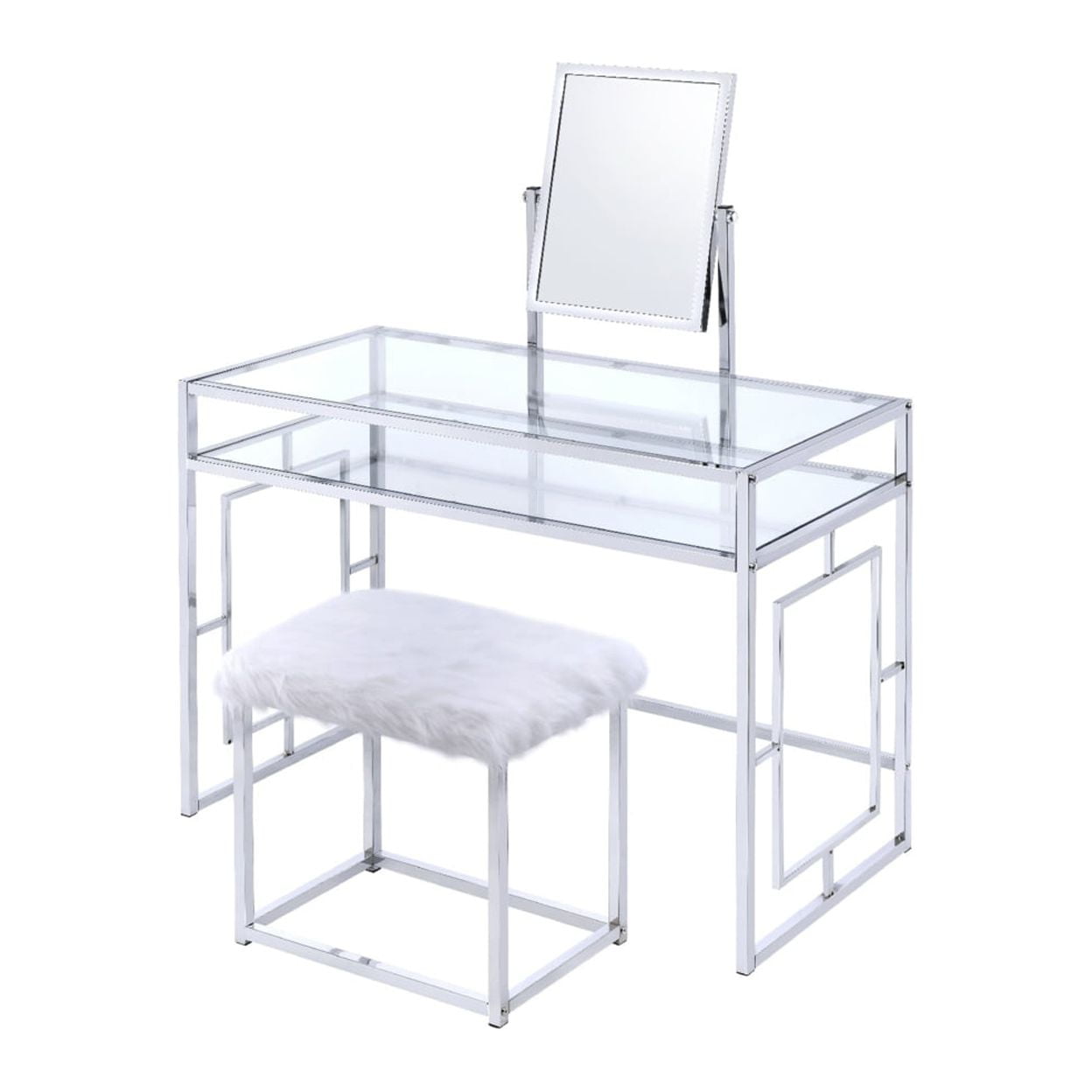 Carenze Chrome & White Faux Fur Vanity Set with Tilt Mirror