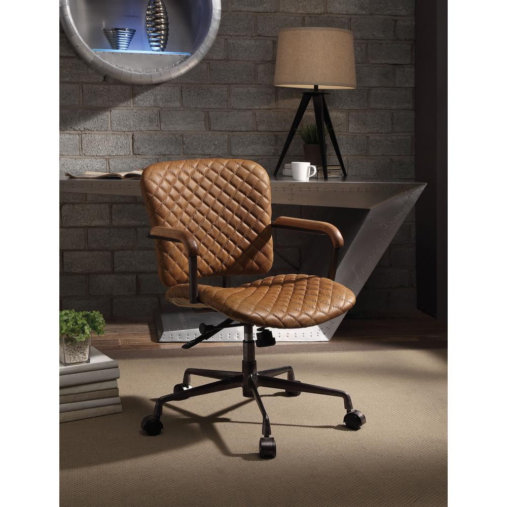 Brown Leather Swivel Office Chair with Metal Frame
