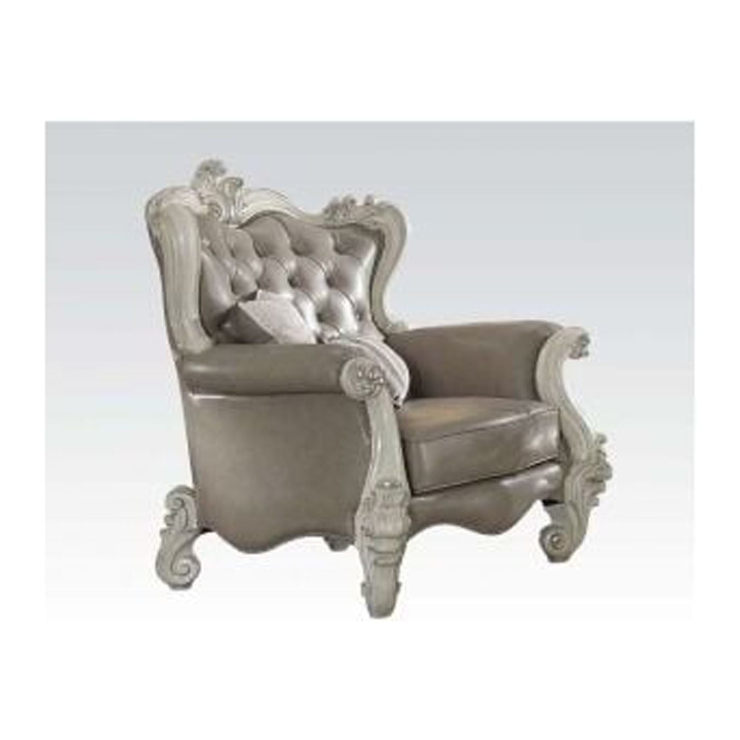 Antique White and Gray Tufted Armchair with Carved Details