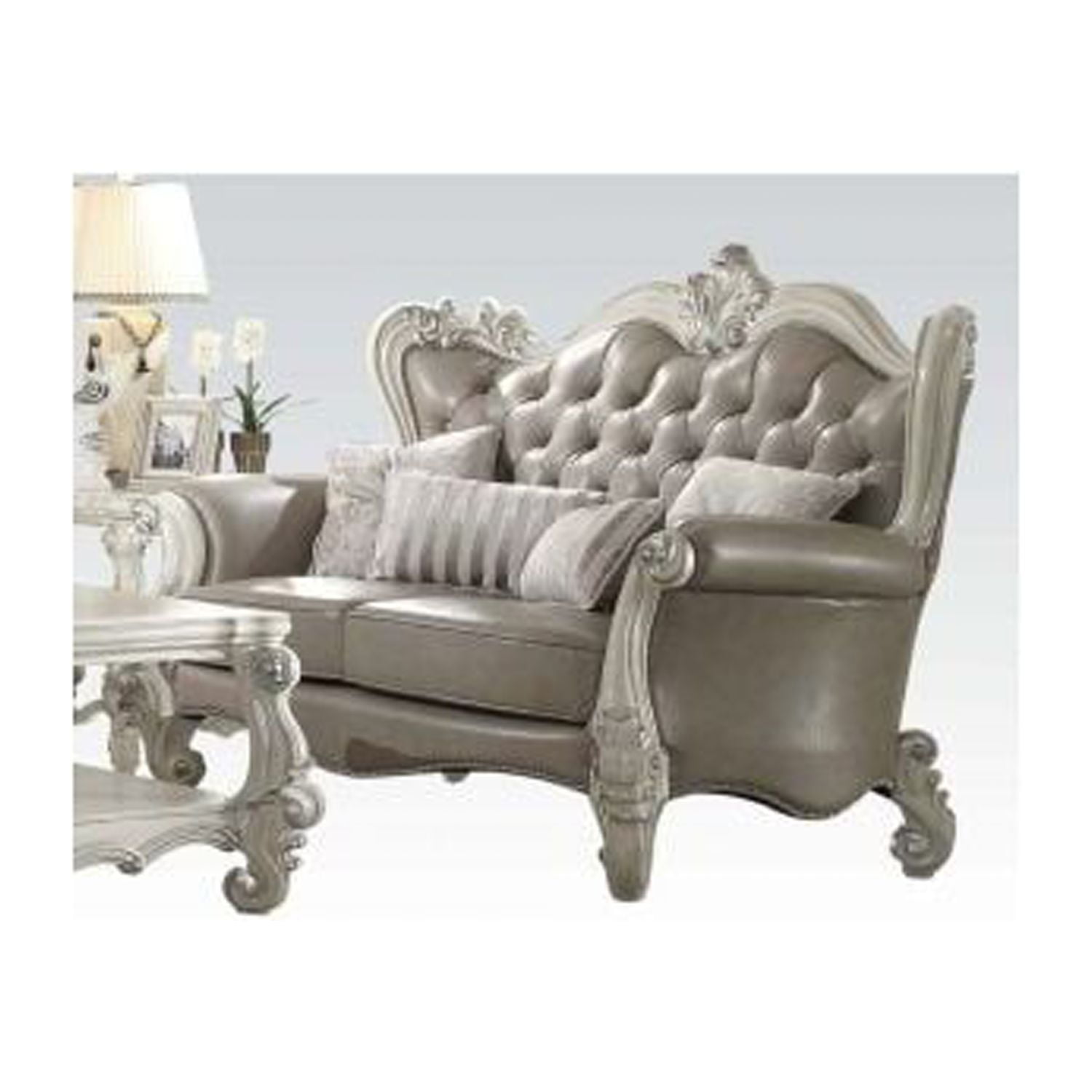 Vintage Gray Genuine Leather Loveseat with Bone White Wood Trim