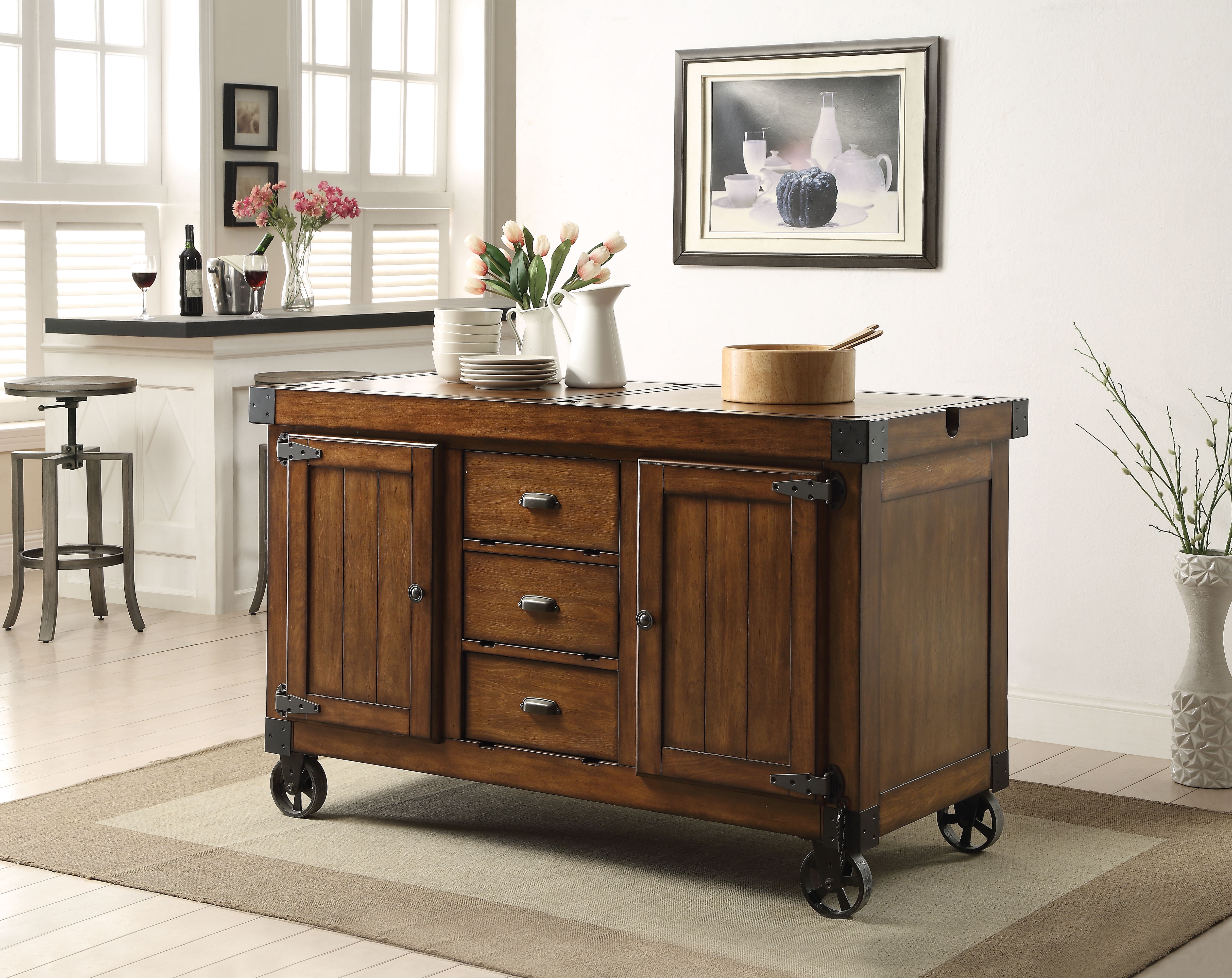 tobacco cart ACME Kabili 3-Drawer Wooden Kitchen Cart in Antique Tobacco