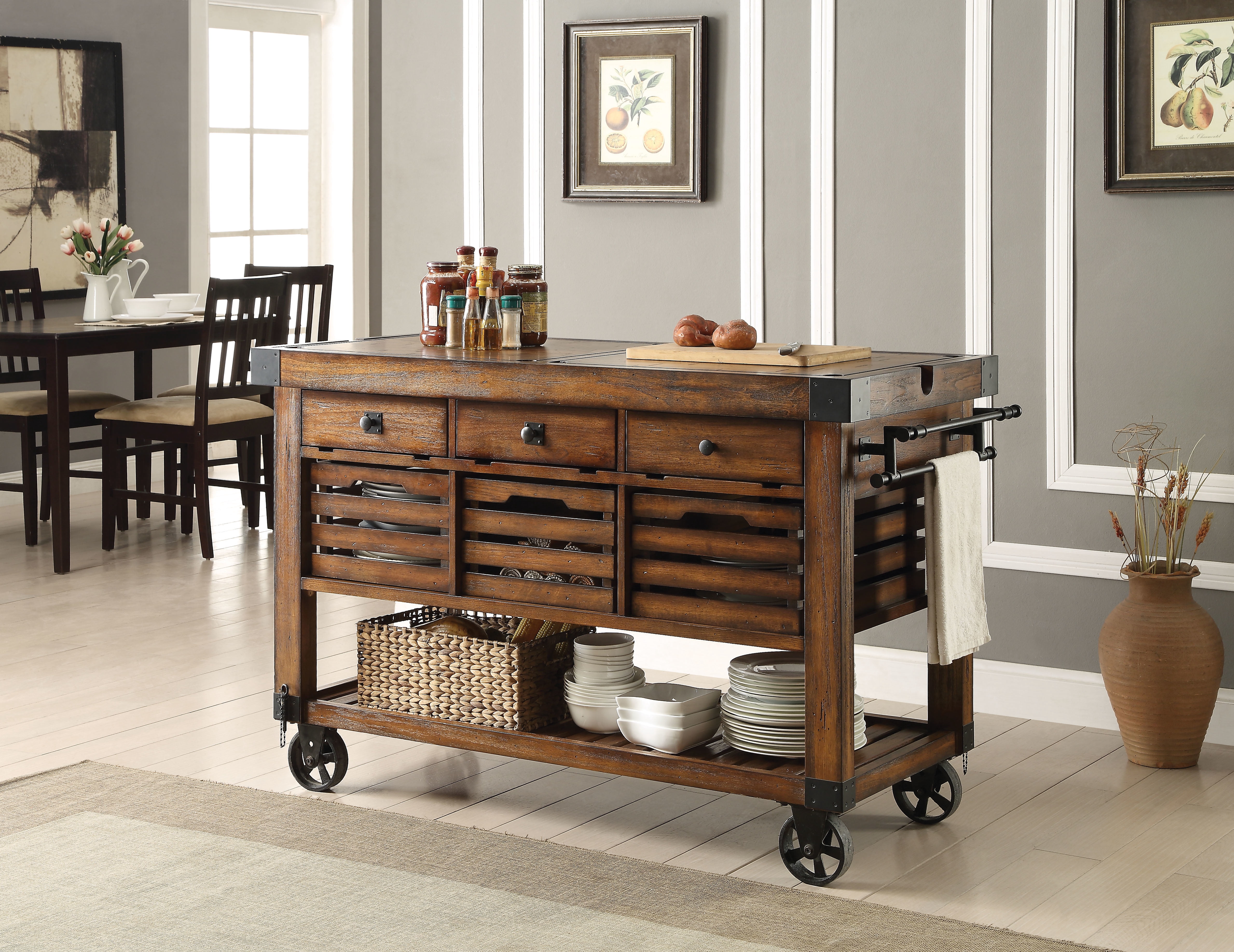 ACME Kaif Wooden Storage Kitchen Cart, 3-Drawer with Baskets in