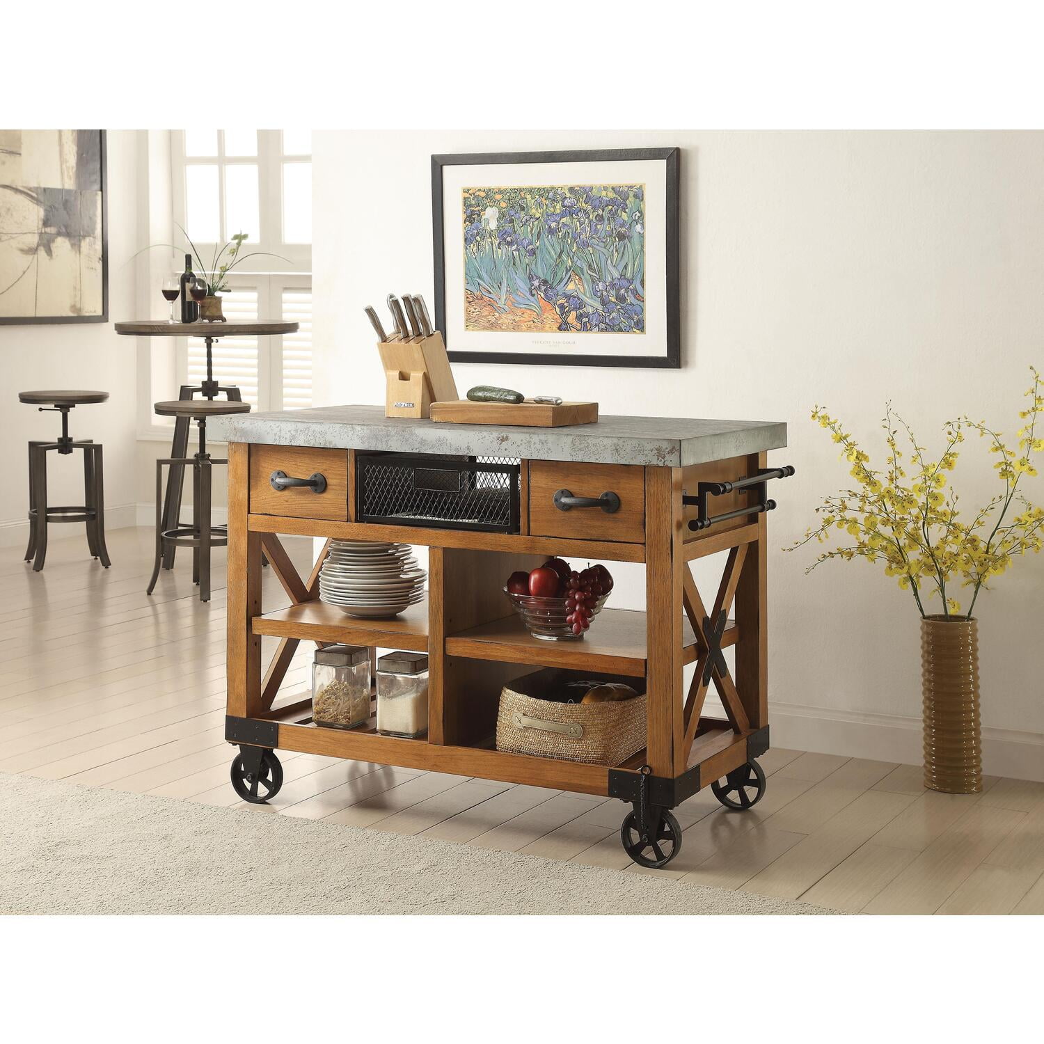 Kailey Antique Oak Drop Leaf Kitchen Cart with Storage