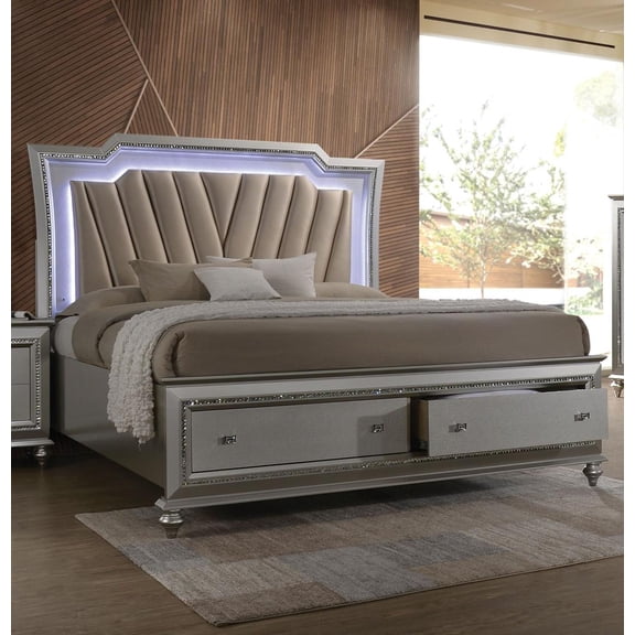 ACME Kaitlyn Full Bed W/Led & Storage, Synthetic Leather & Champagne Finish