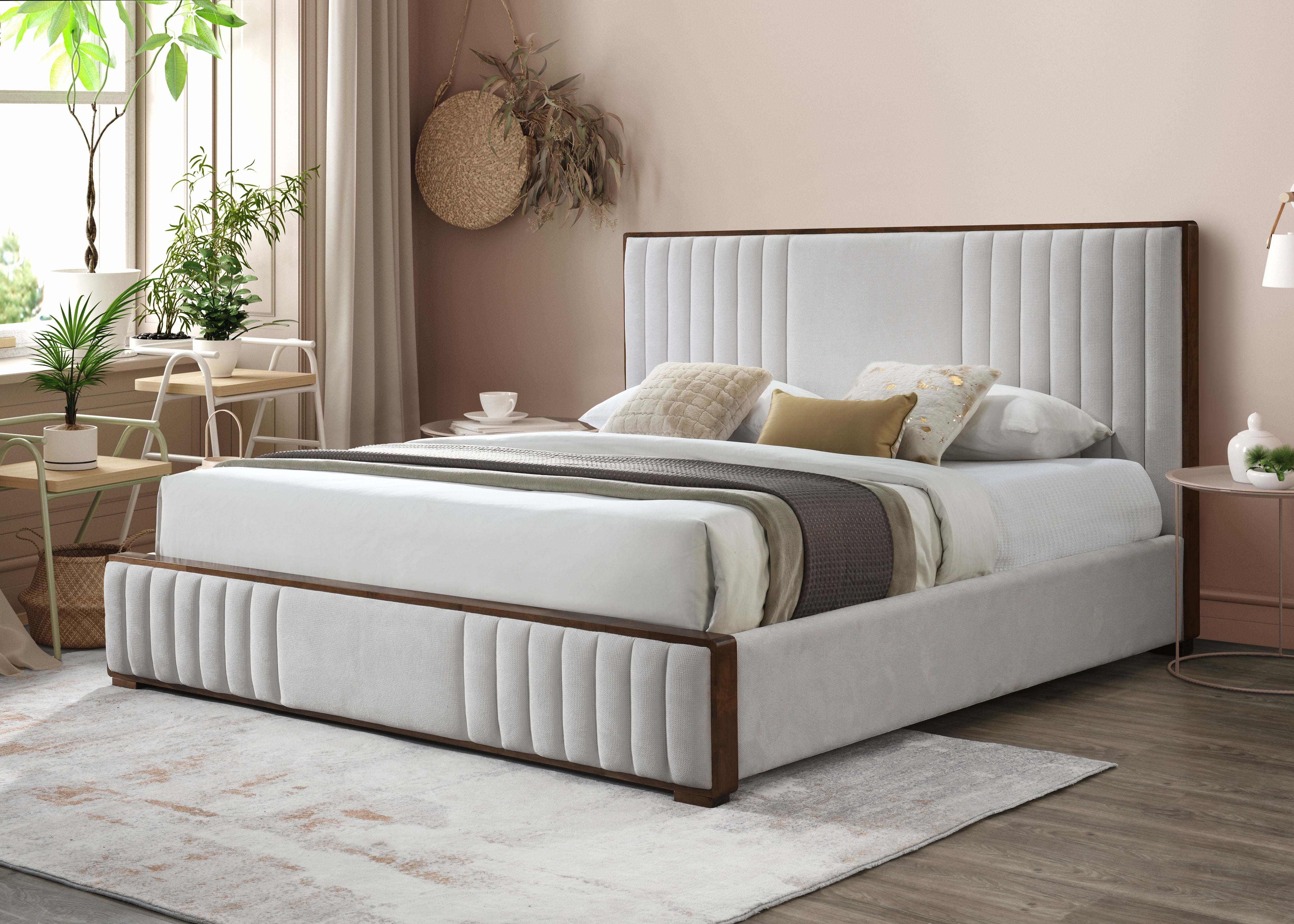 Kaleea Light Gray Chenille and Walnut Queen Bed
