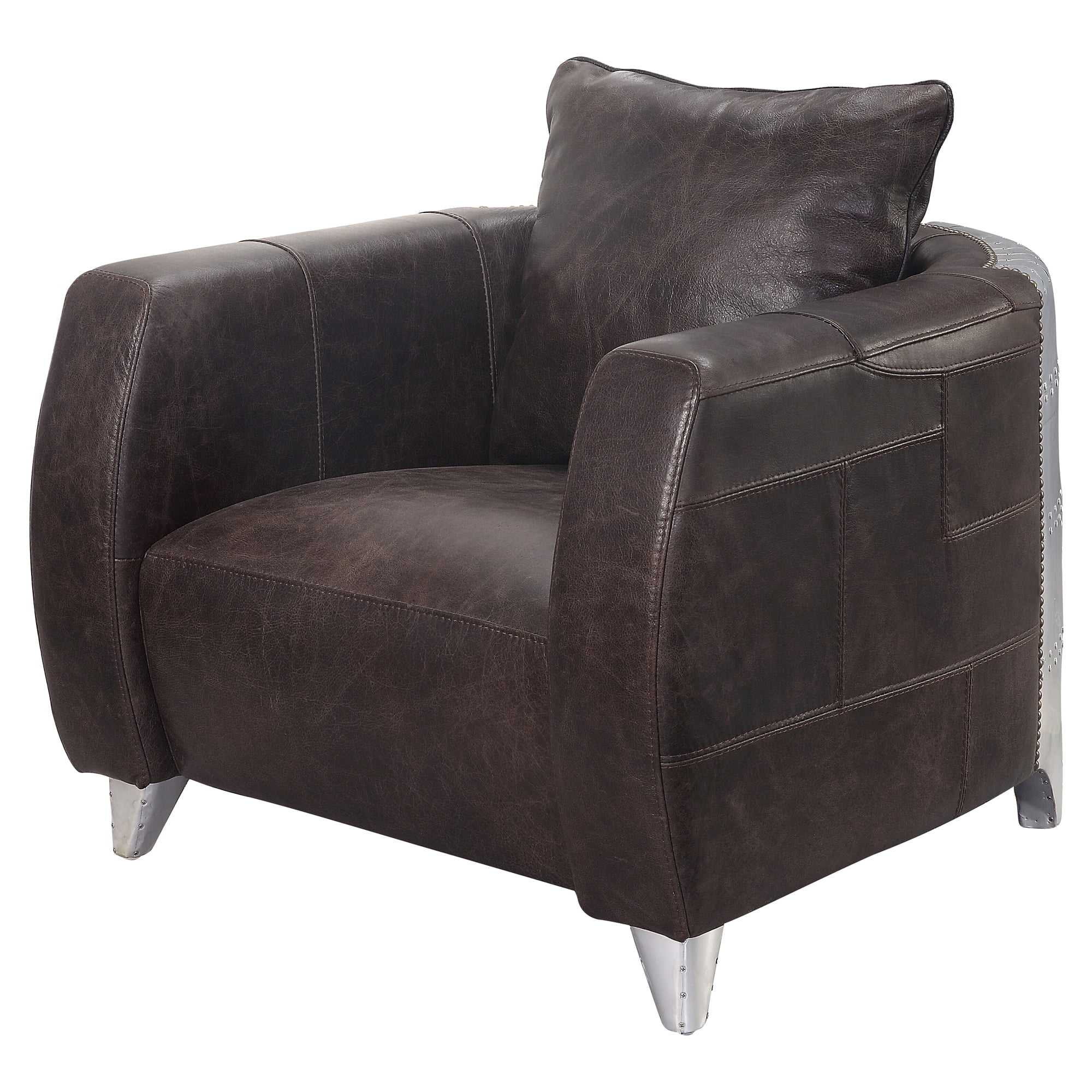 Kalona 34" Distressed Chocolate Leather and Metal Accent Chair