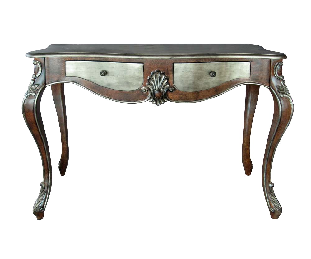 Two Drawer Wooden Console Table With Queen Anne Legs, Bronze And Gold
