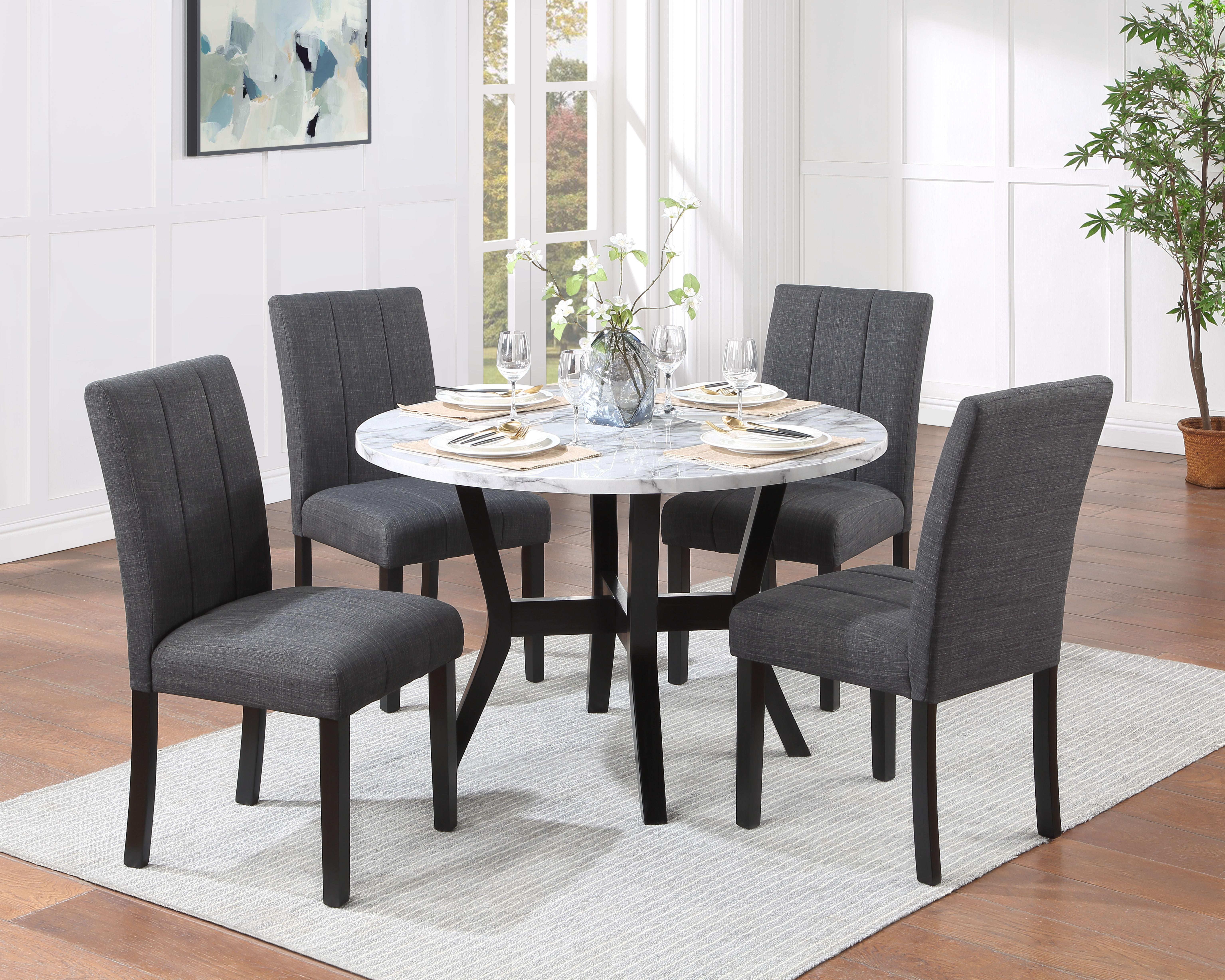 Kusa 45" Round Black Engineering Stone Dining Set with Gray Upholstered Chairs