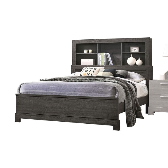 ACME Lantha Eastern King Transitional Bed with Bookcase Storage, Gray Oak